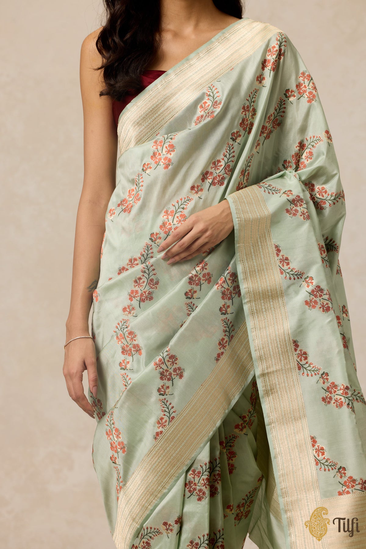 &#39;Gulmohar&#39; Mint Blue Pure Katan Silk Banarasi Handloom Saree