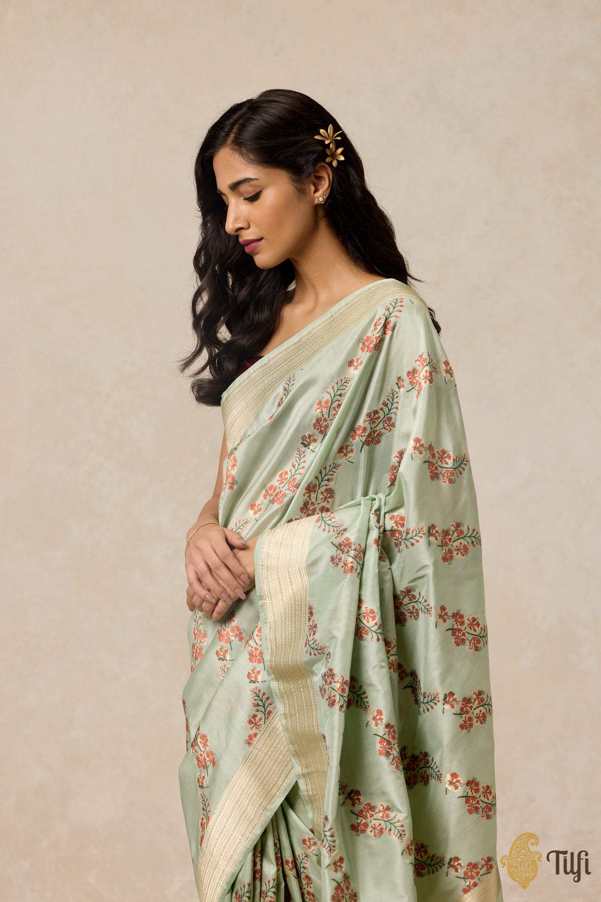 &#39;Gulmohar&#39; Mint Blue Pure Katan Silk Banarasi Handloom Saree