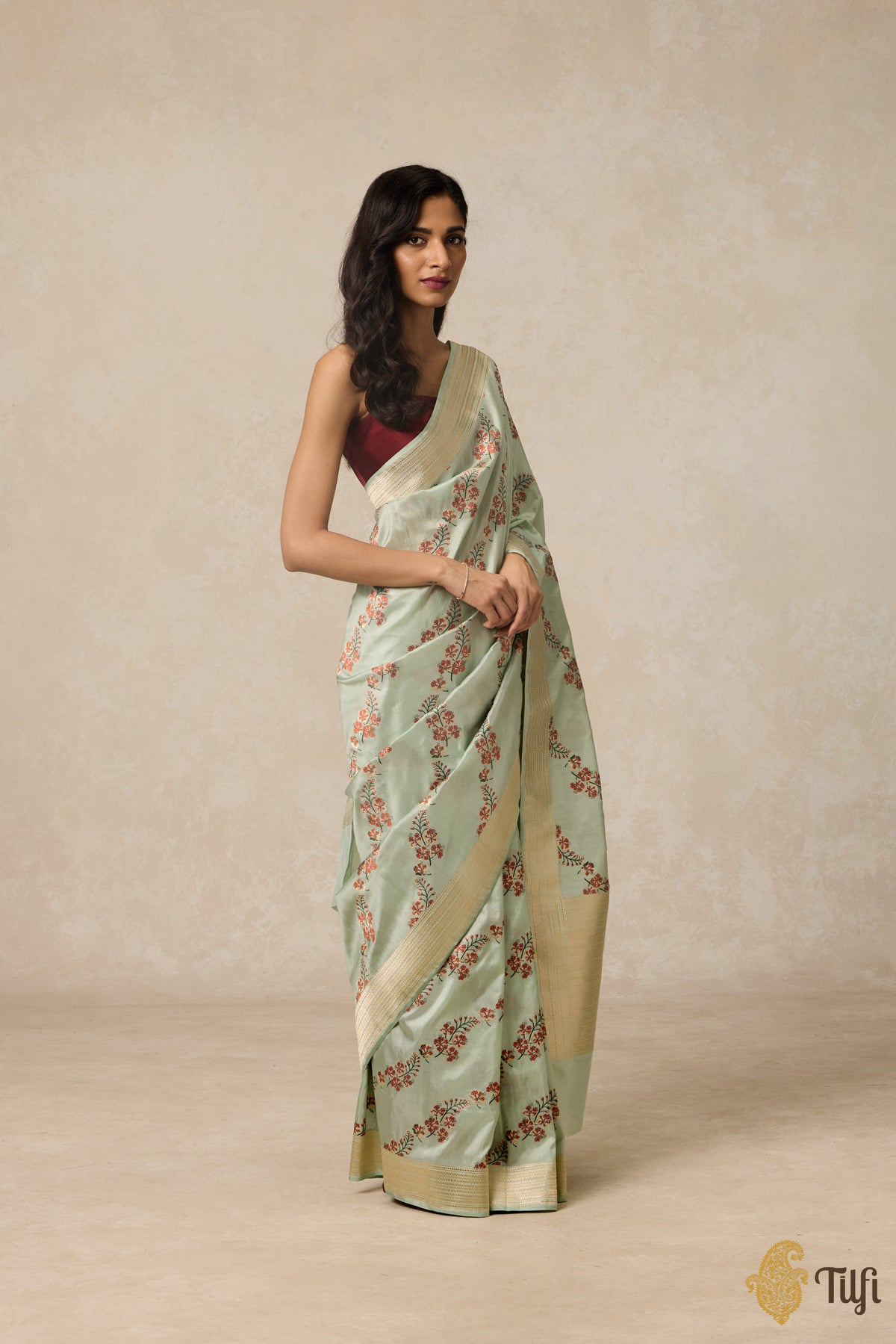 &#39;Gulmohar&#39; Mint Blue Pure Katan Silk Banarasi Handloom Saree