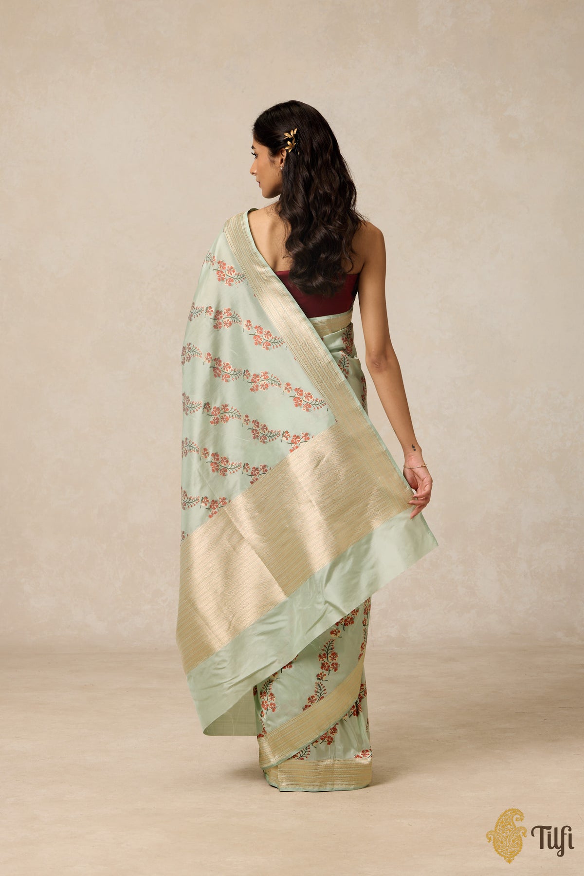 &#39;Gulmohar&#39; Mint Blue Pure Katan Silk Banarasi Handloom Saree