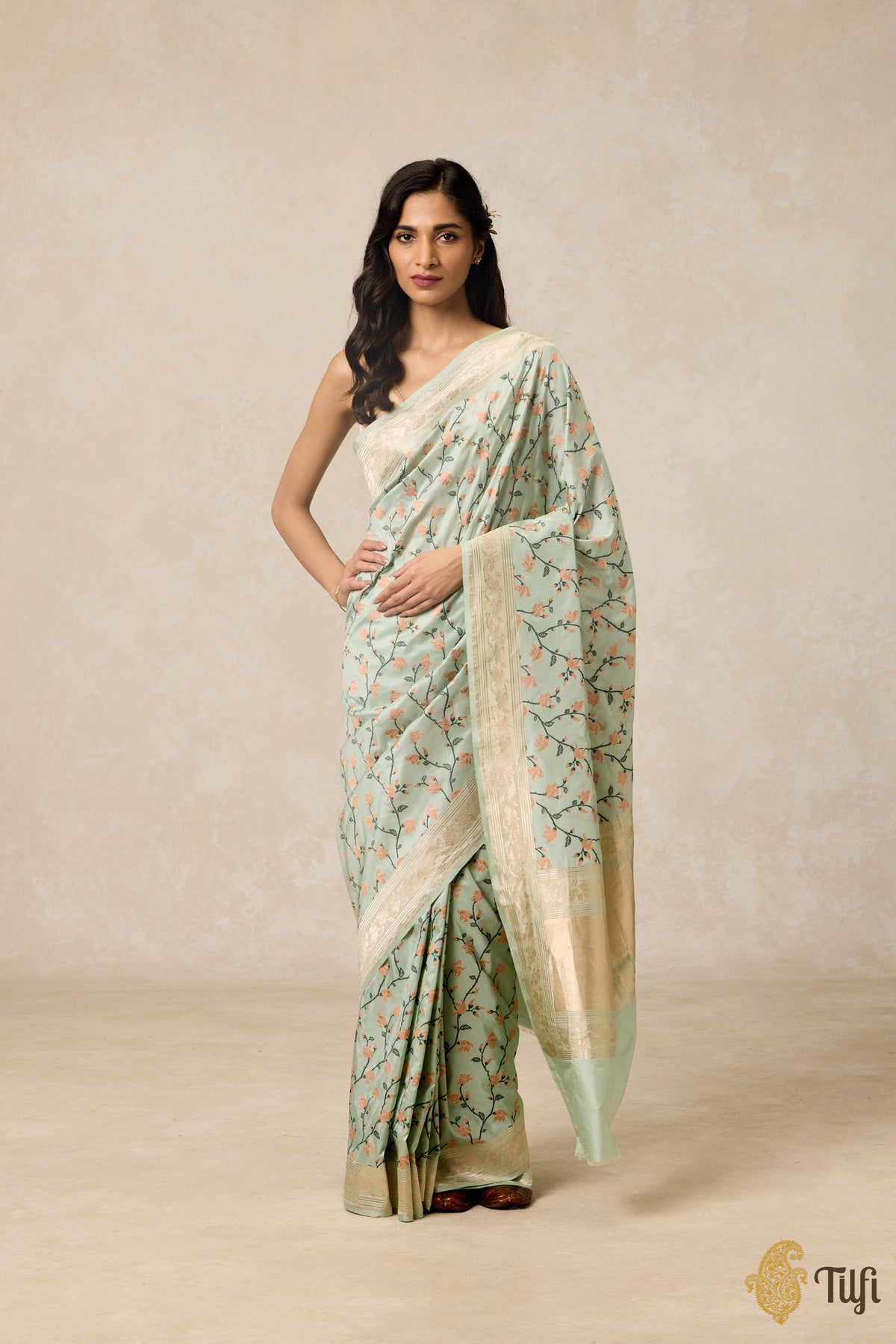 &#39;Palash&#39; Light Mint Blue Pure Katan Silk Banarasi Handloom Saree