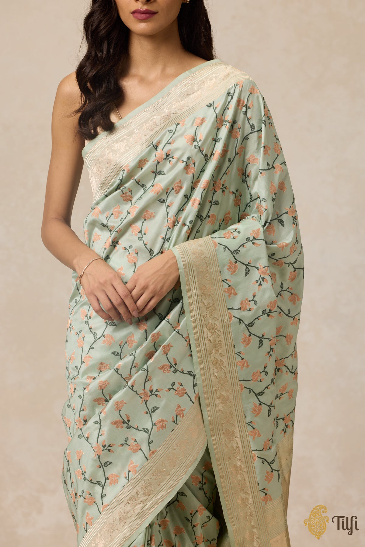 &#39;Palash&#39; Light Mint Blue Pure Katan Silk Banarasi Handloom Saree