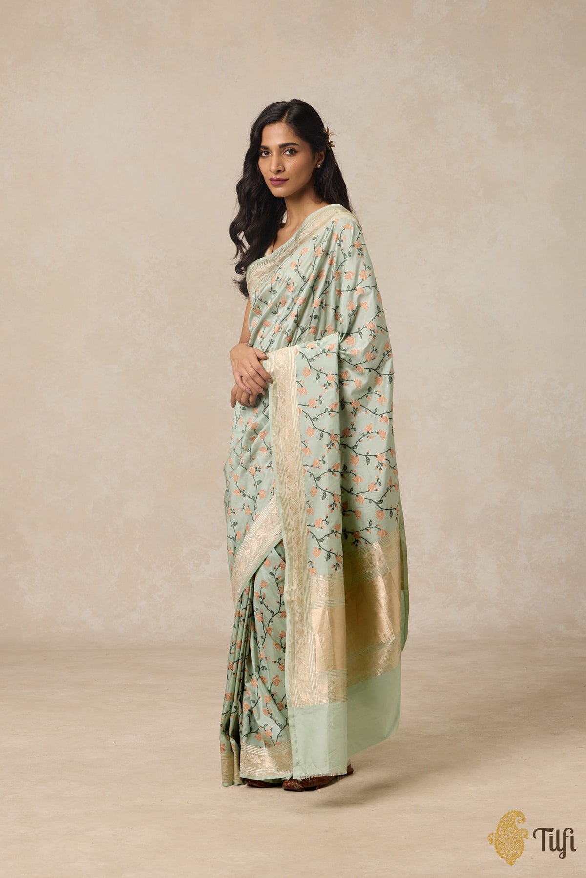 &#39;Palash&#39; Light Mint Blue Pure Katan Silk Banarasi Handloom Saree