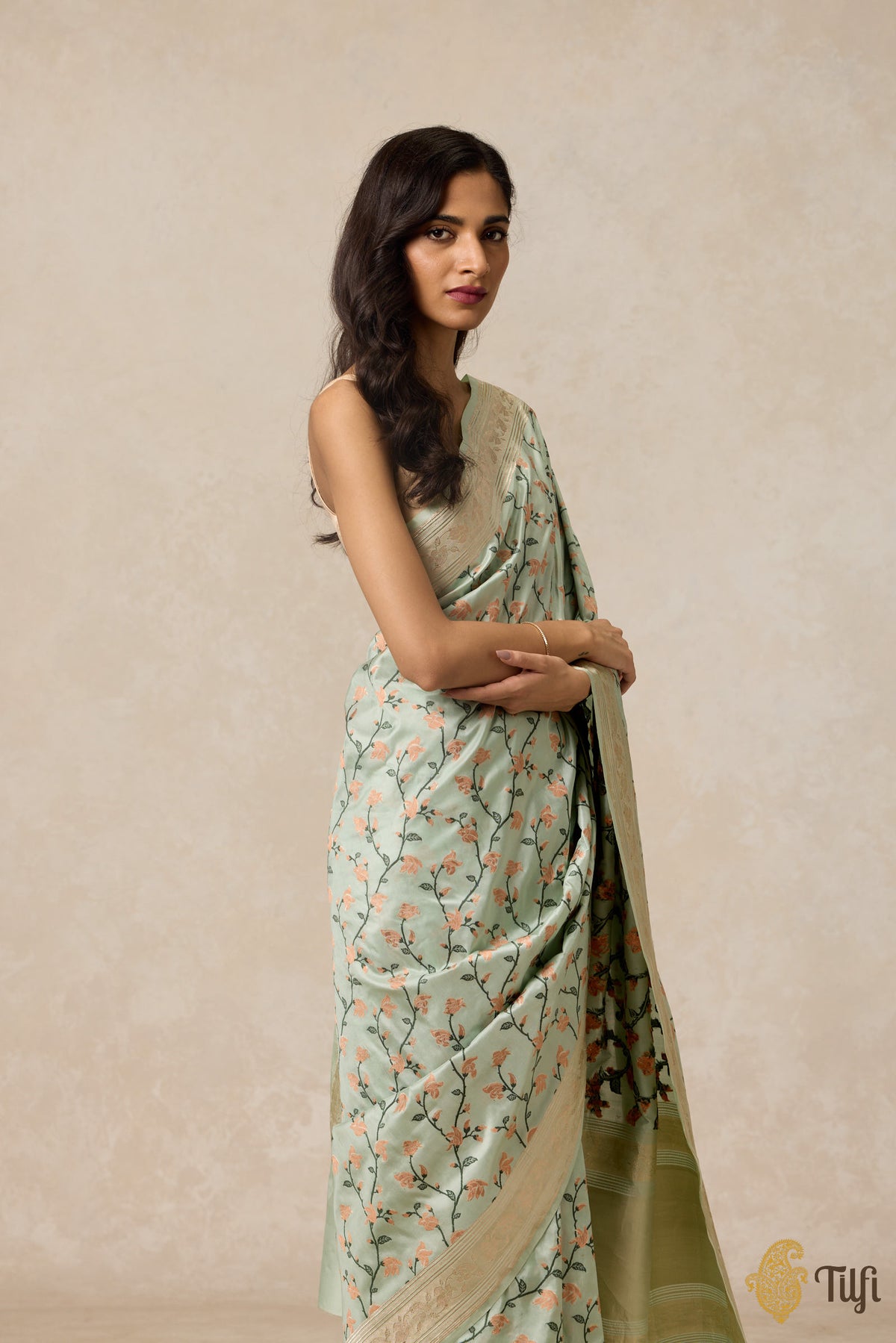 &#39;Palash&#39; Light Mint Blue Pure Katan Silk Banarasi Handloom Saree