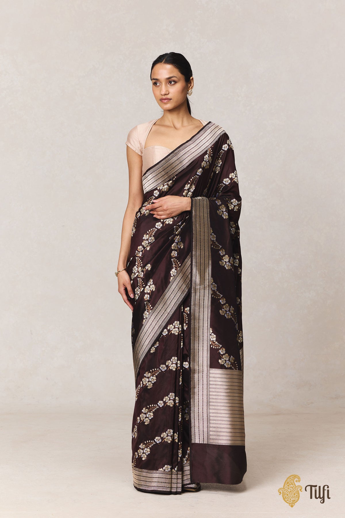 Pre-Order: 'Gulmohar' Dark Brown Pure Katan Silk Banarasi Handloom Saree