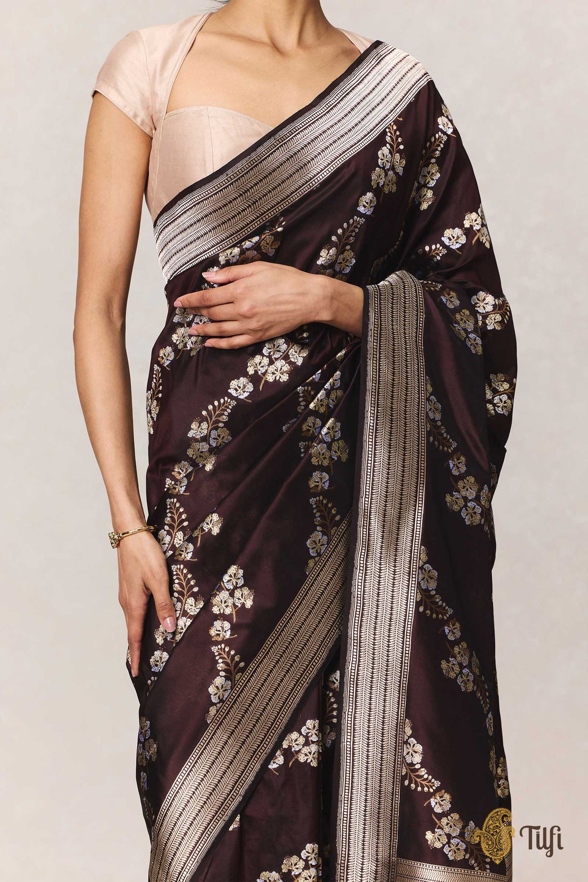 Pre-Order: 'Gulmohar' Dark Brown Pure Katan Silk Banarasi Handloom Saree