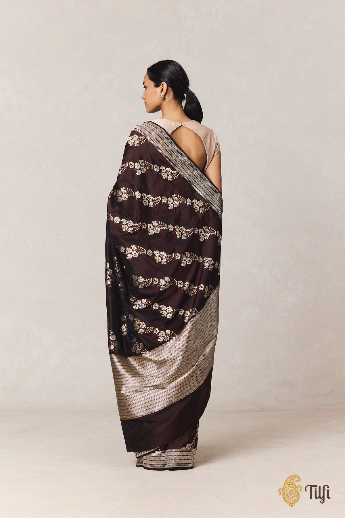Pre-Order: 'Gulmohar' Dark Brown Pure Katan Silk Banarasi Handloom Saree