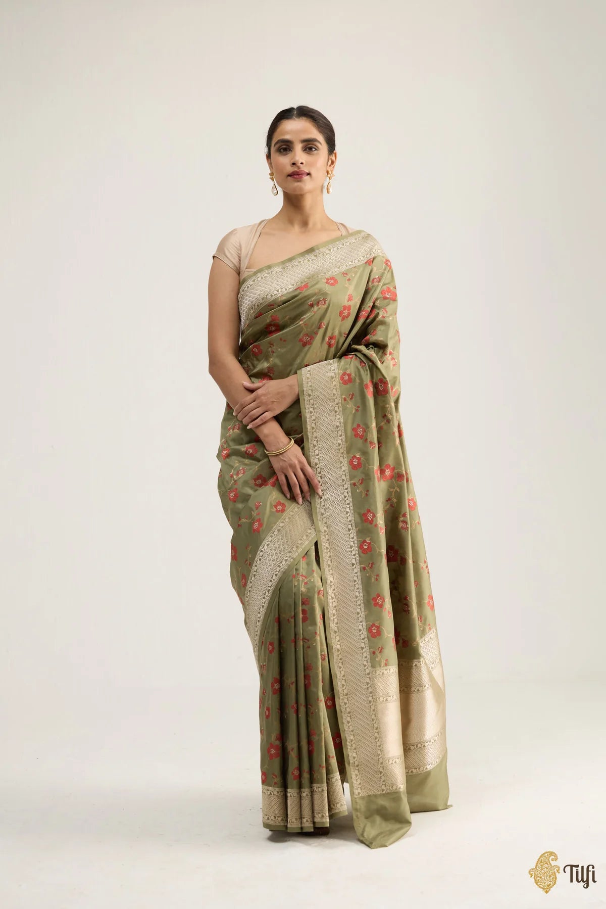 'Madulai' Olive Green Pure Katan Silk Banarasi Handloom Saree