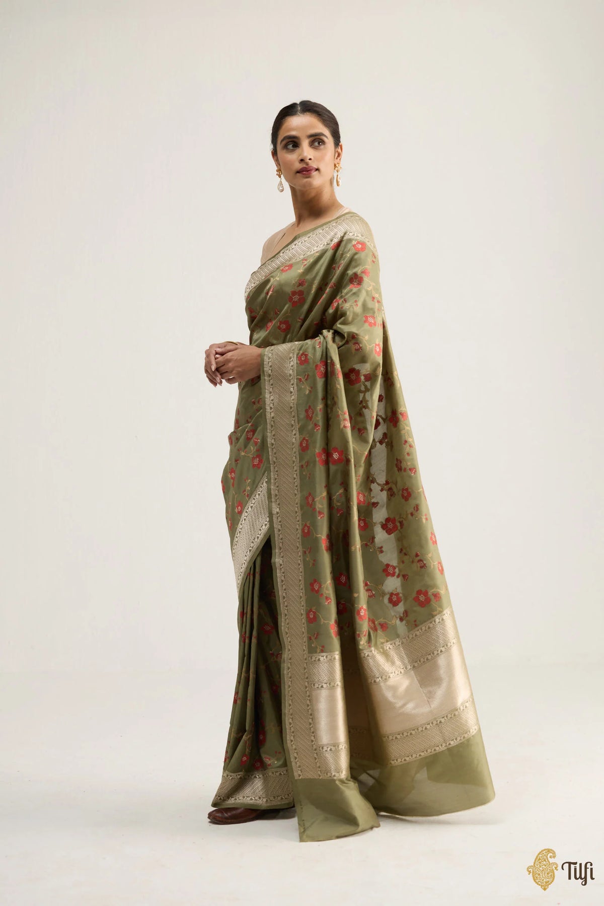 'Madulai' Olive Green Pure Katan Silk Banarasi Handloom Saree