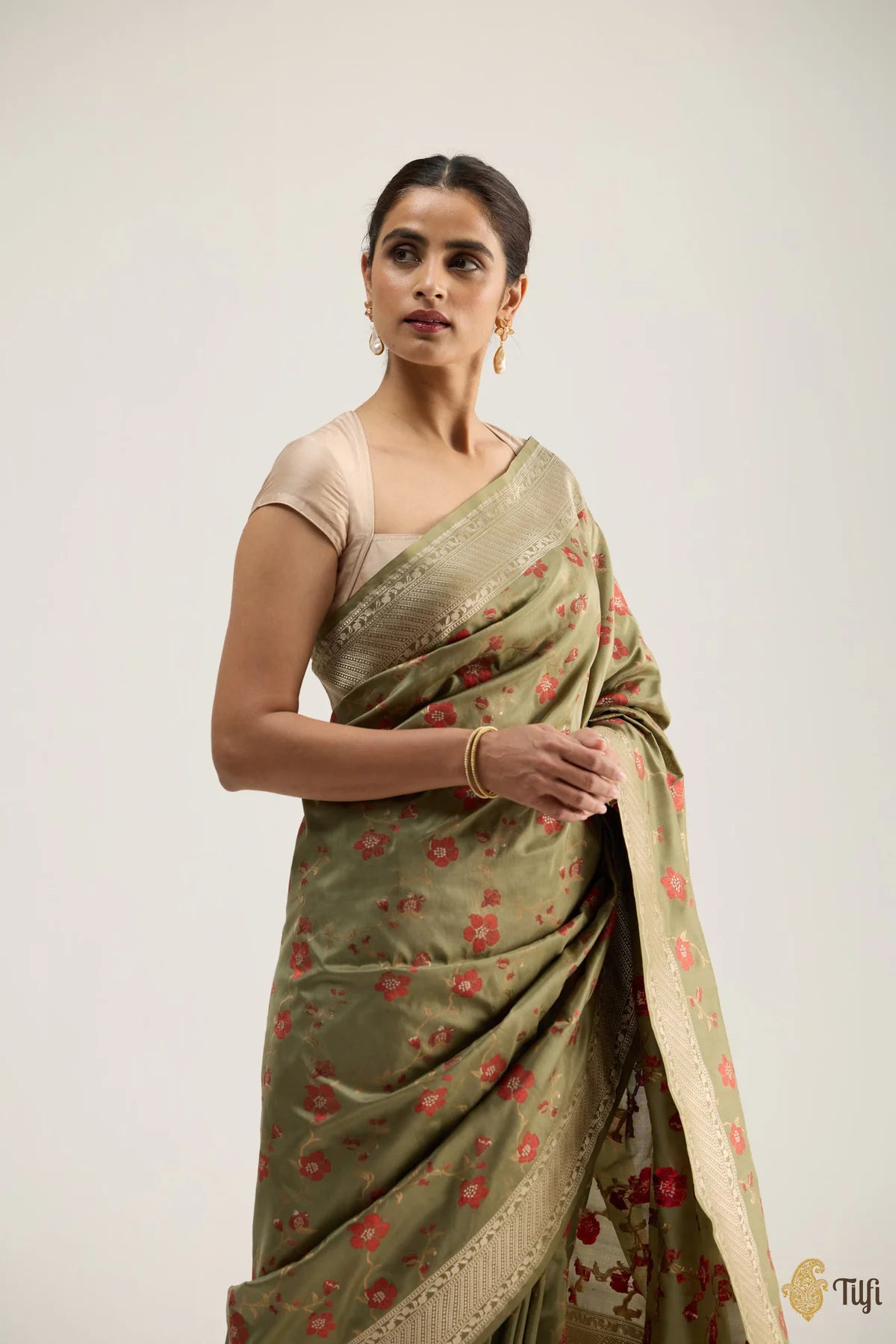 'Madulai' Olive Green Pure Katan Silk Banarasi Handloom Saree