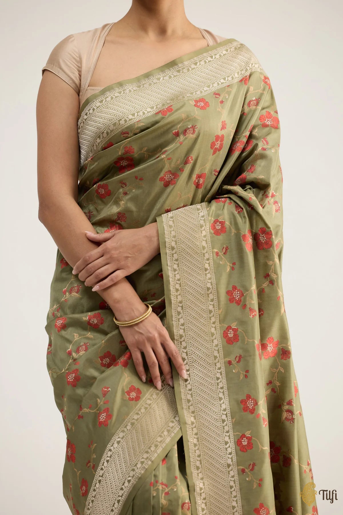 'Madulai' Olive Green Pure Katan Silk Banarasi Handloom Saree