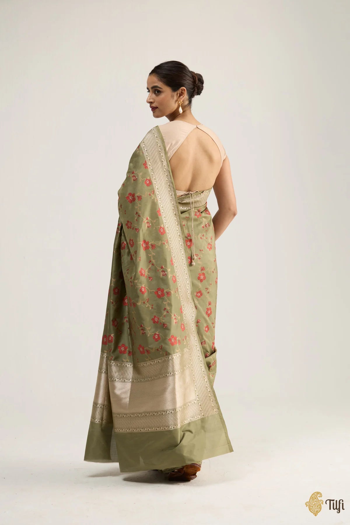 'Madulai' Olive Green Pure Katan Silk Banarasi Handloom Saree