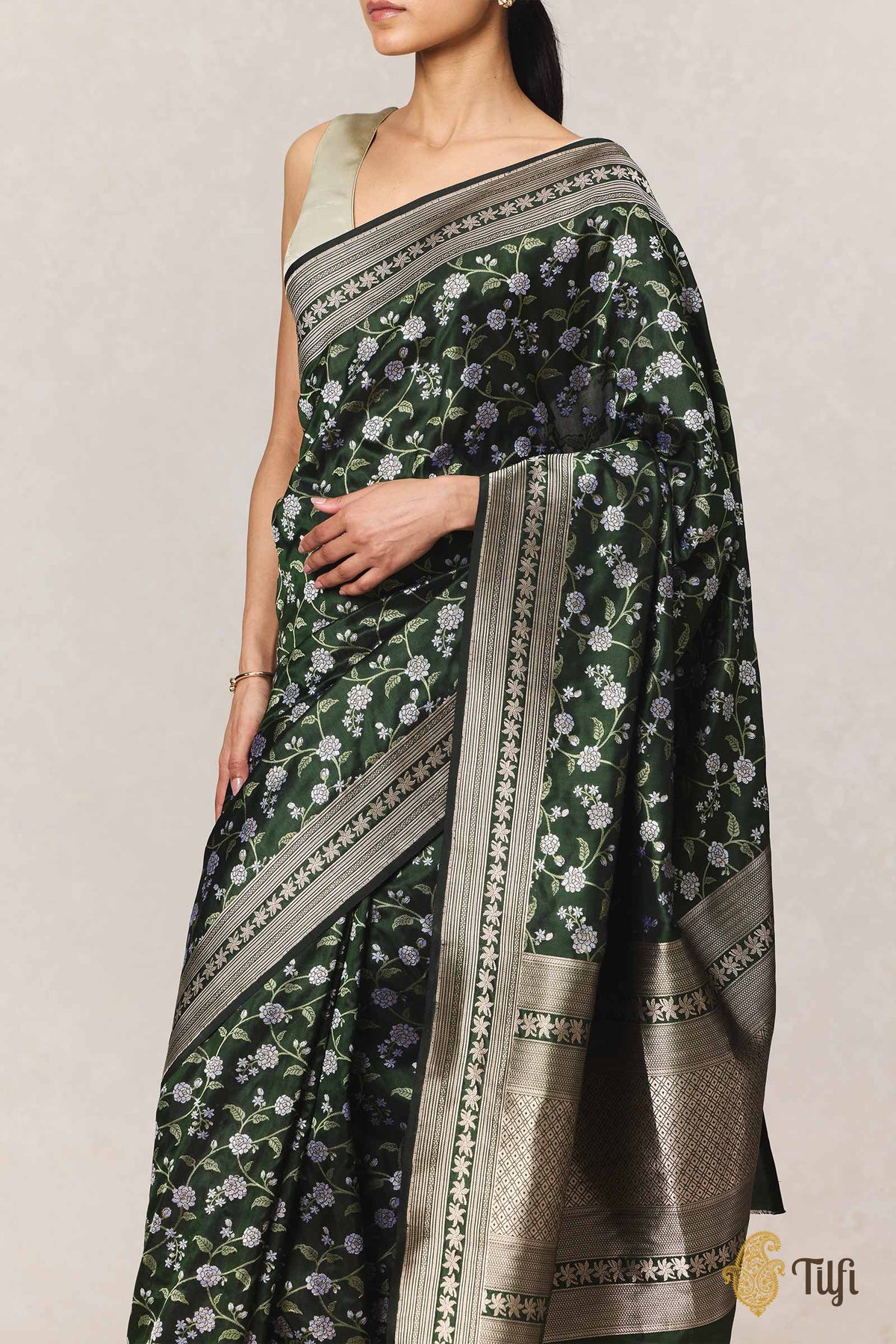 Pre-Order: 'Jasmine' Green Pure Katan Silk Banarasi Handloom Saree