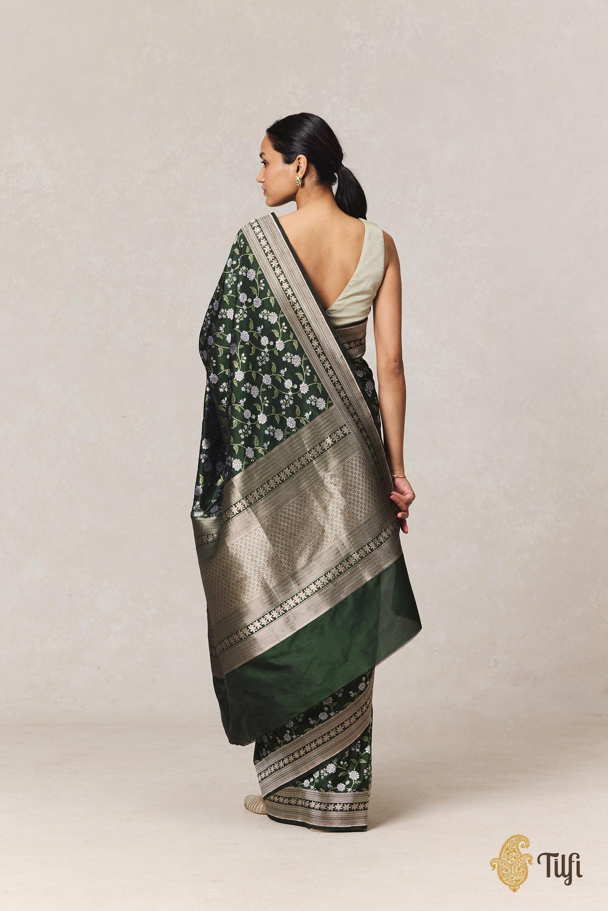 Pre-Order: 'Jasmine' Green Pure Katan Silk Banarasi Handloom Saree