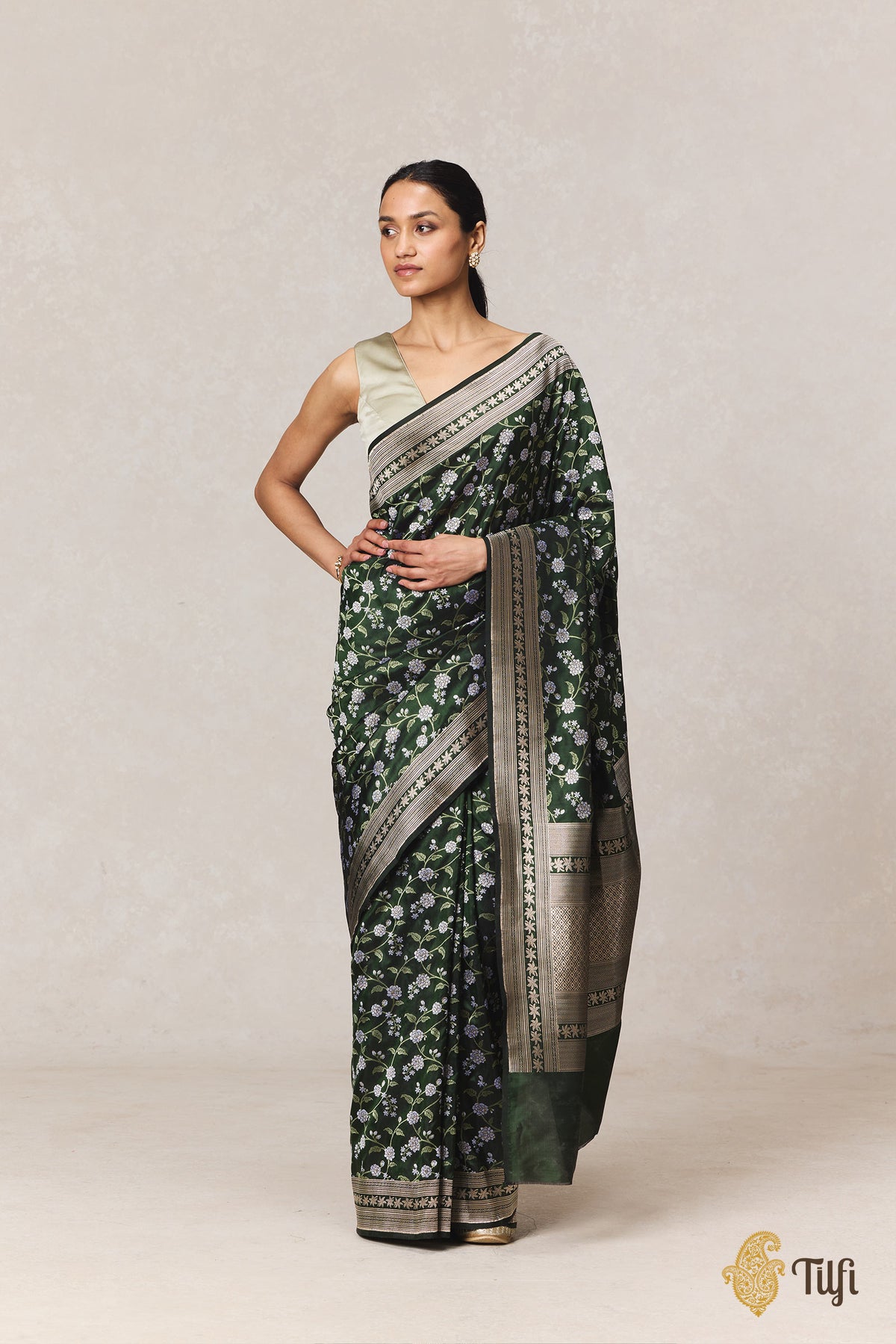 Pre-Order: 'Jasmine' Green Pure Katan Silk Banarasi Handloom Saree
