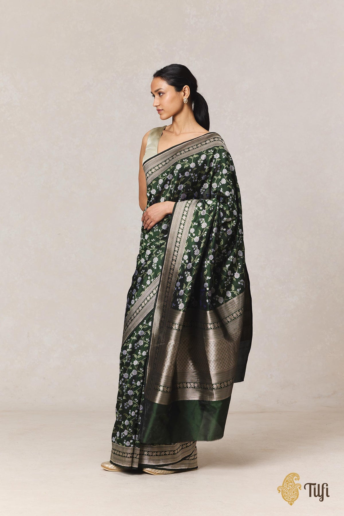 Pre-Order: 'Jasmine' Green Pure Katan Silk Banarasi Handloom Saree
