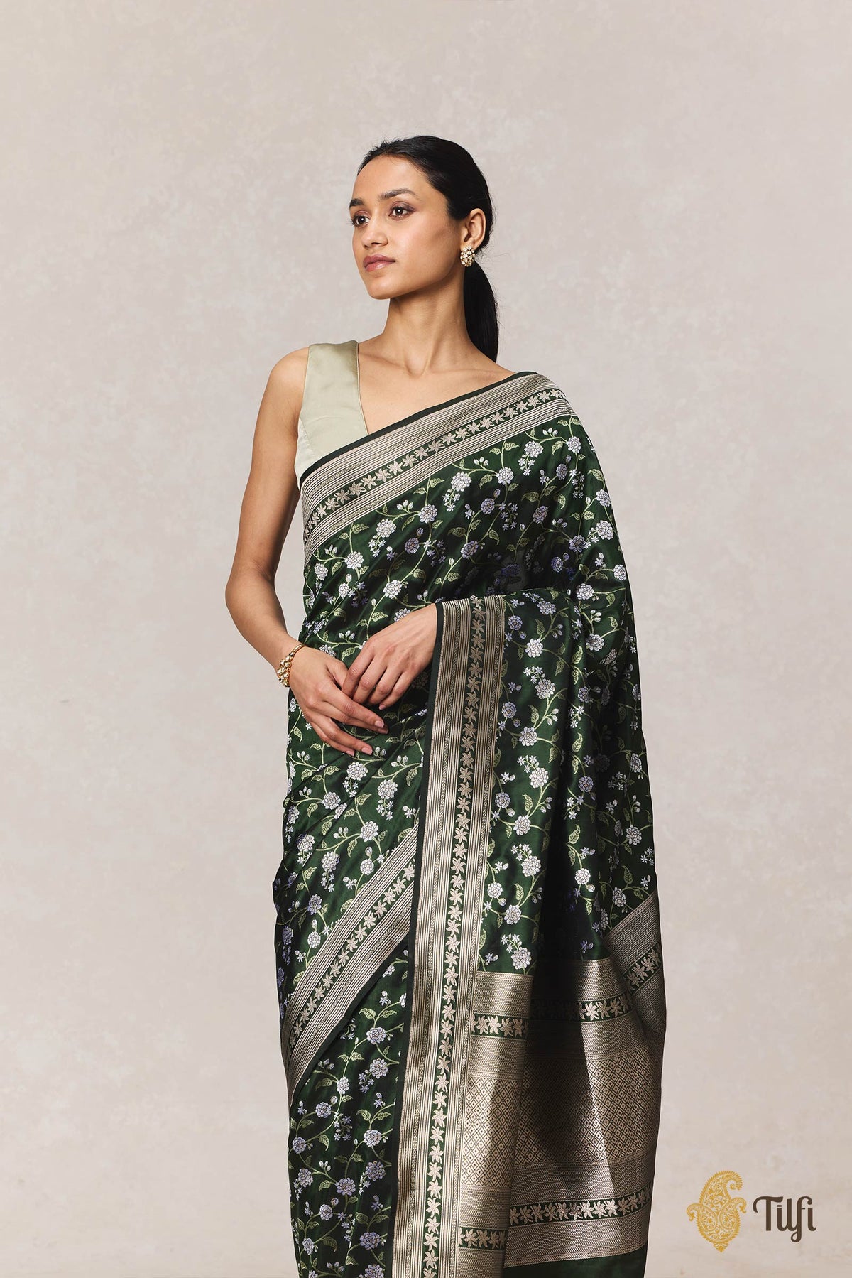 Pre-Order: 'Jasmine' Green Pure Katan Silk Banarasi Handloom Saree