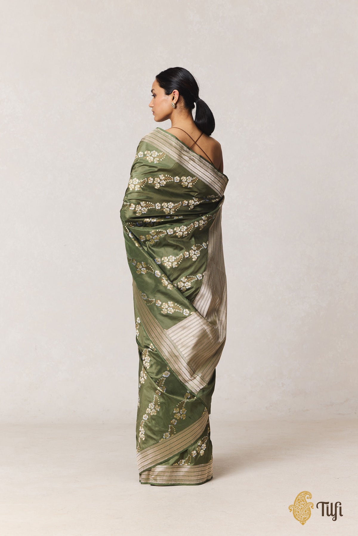 Pre-Order: 'Gulmohar' Green Pure Katan Silk Banarasi Handloom Saree
