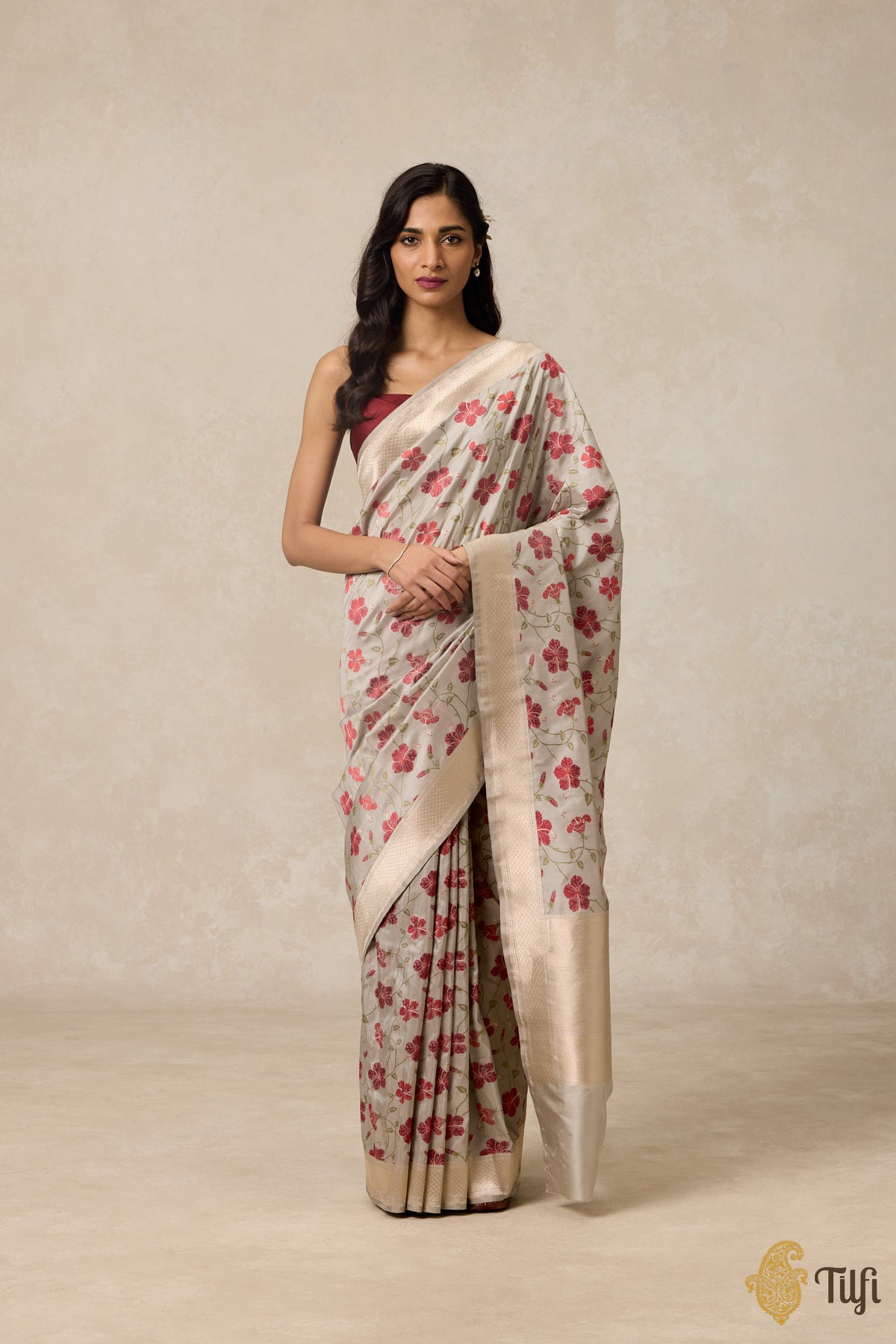 &#39;Hibiscus&#39; Pastel Grey Pure Katan Silk Banarasi Handloom Saree