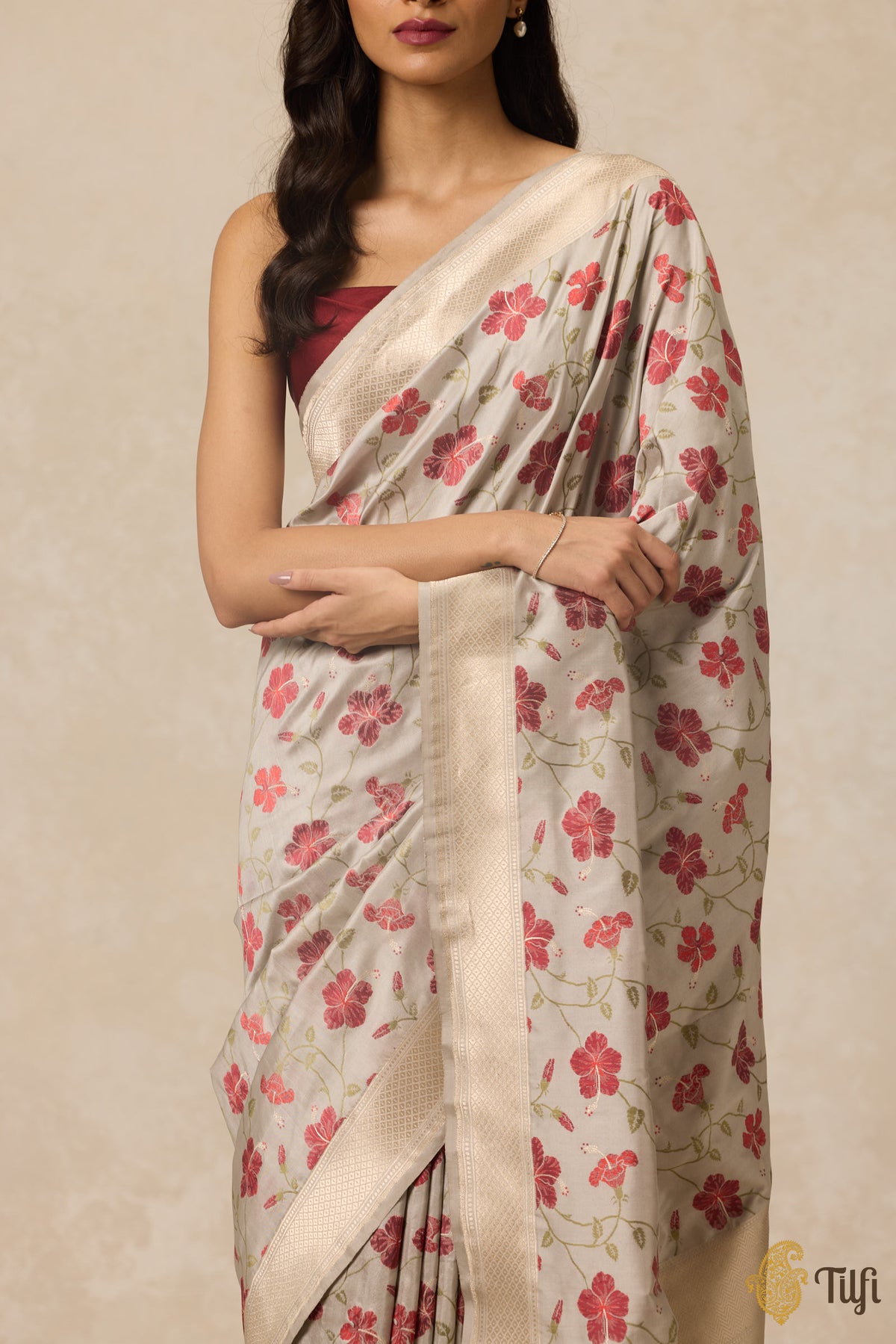 &#39;Hibiscus&#39; Pastel Grey Pure Katan Silk Banarasi Handloom Saree