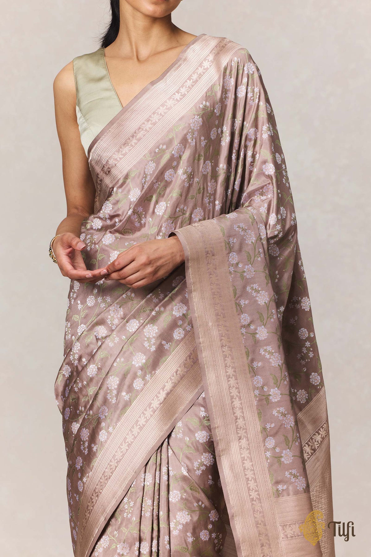 Pre-Order: Jasmine' Warm Grey Pure Katan Silk Banarasi Handloom Saree