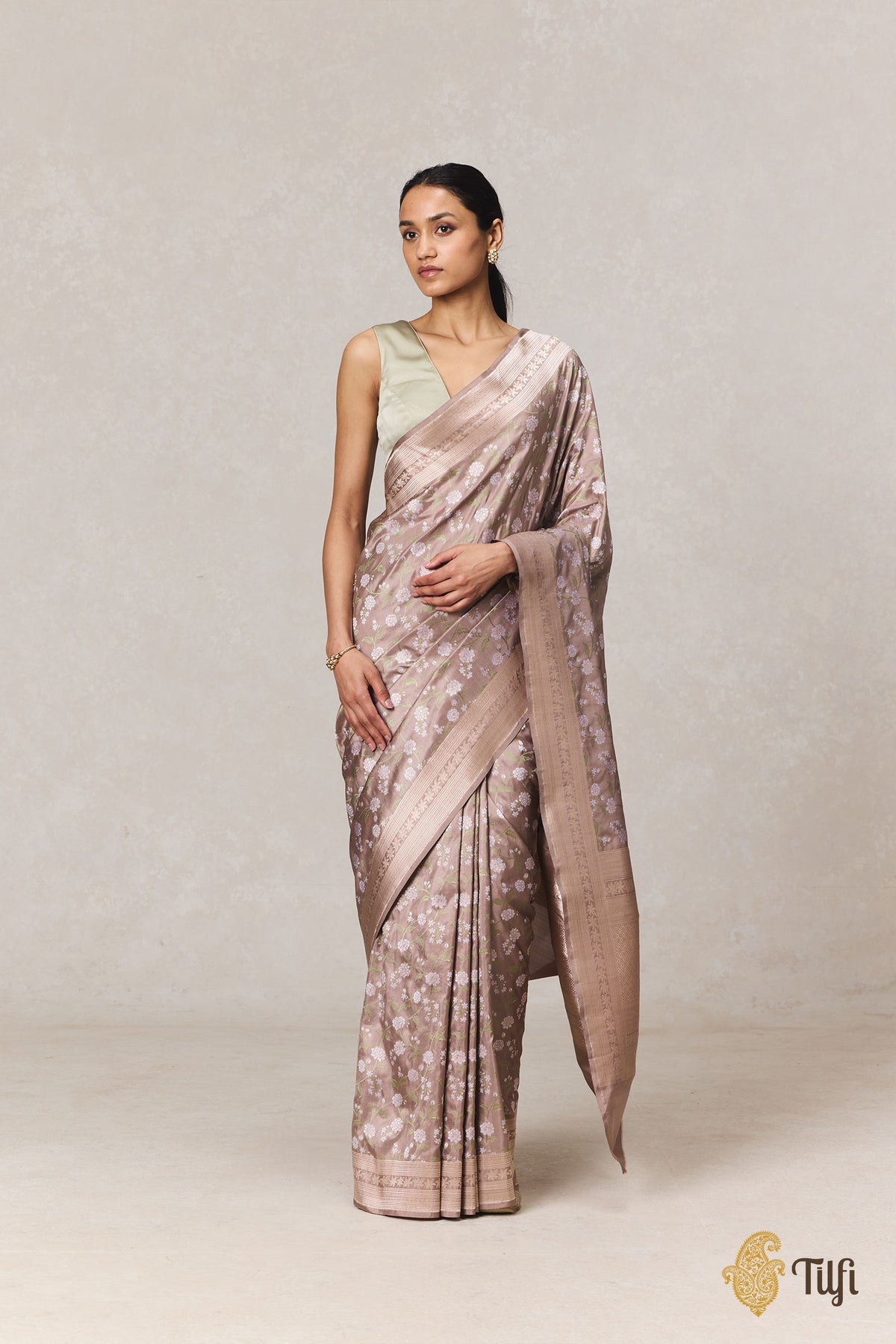 Pre-Order: Jasmine' Warm Grey Pure Katan Silk Banarasi Handloom Saree