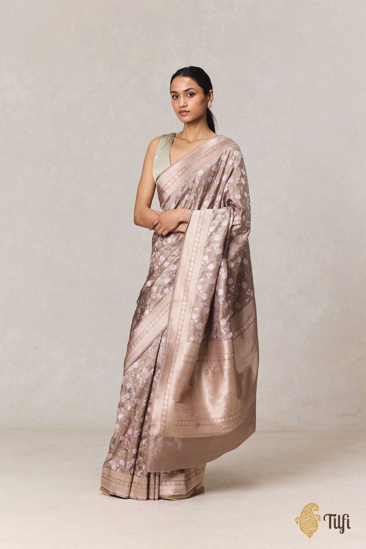 Pre-Order: Jasmine' Warm Grey Pure Katan Silk Banarasi Handloom Saree