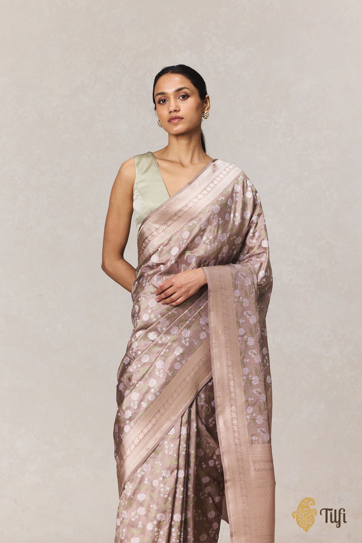 Pre-Order: Jasmine' Warm Grey Pure Katan Silk Banarasi Handloom Saree