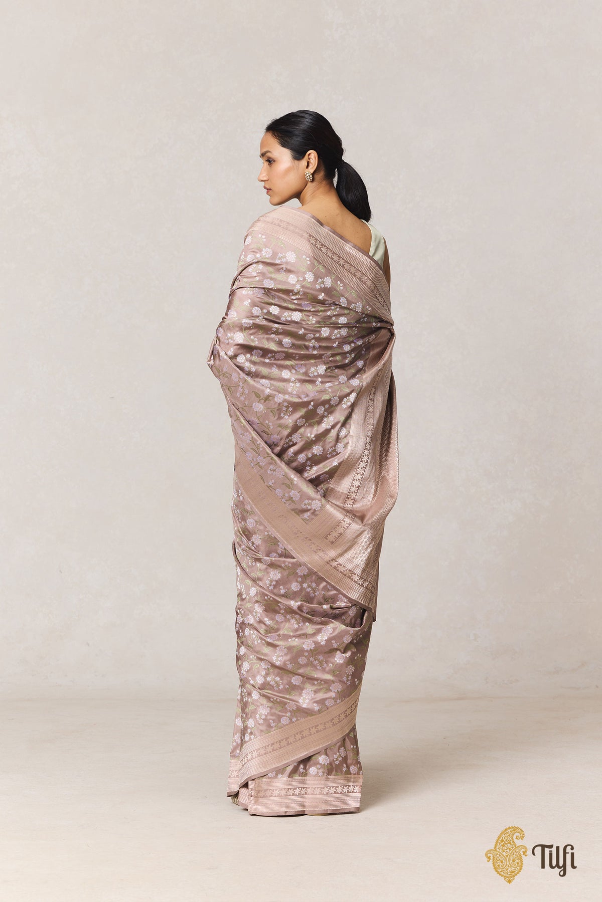 Pre-Order: Jasmine' Warm Grey Pure Katan Silk Banarasi Handloom Saree