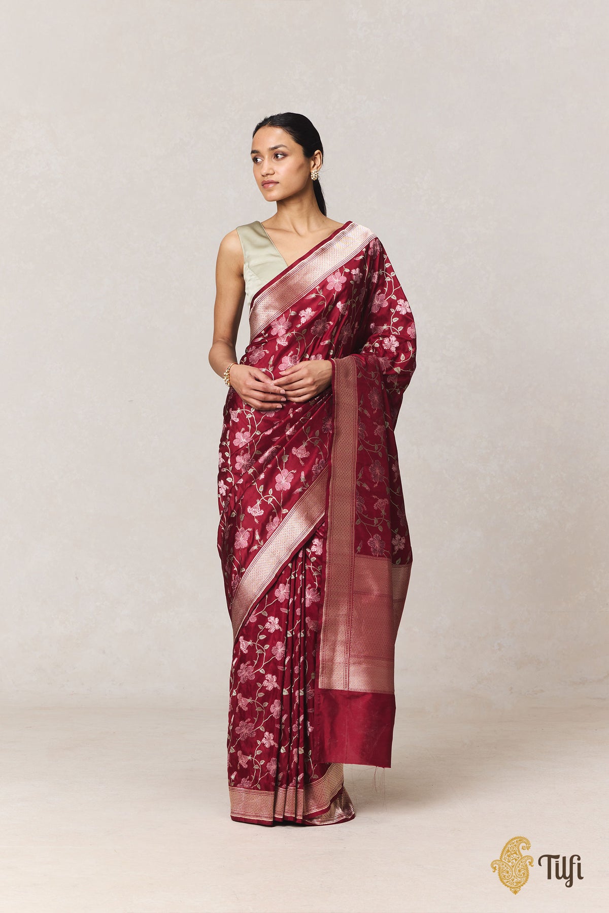 'Hibiscus' Maroon Pure Katan Silk Banarasi Handloom Saree
