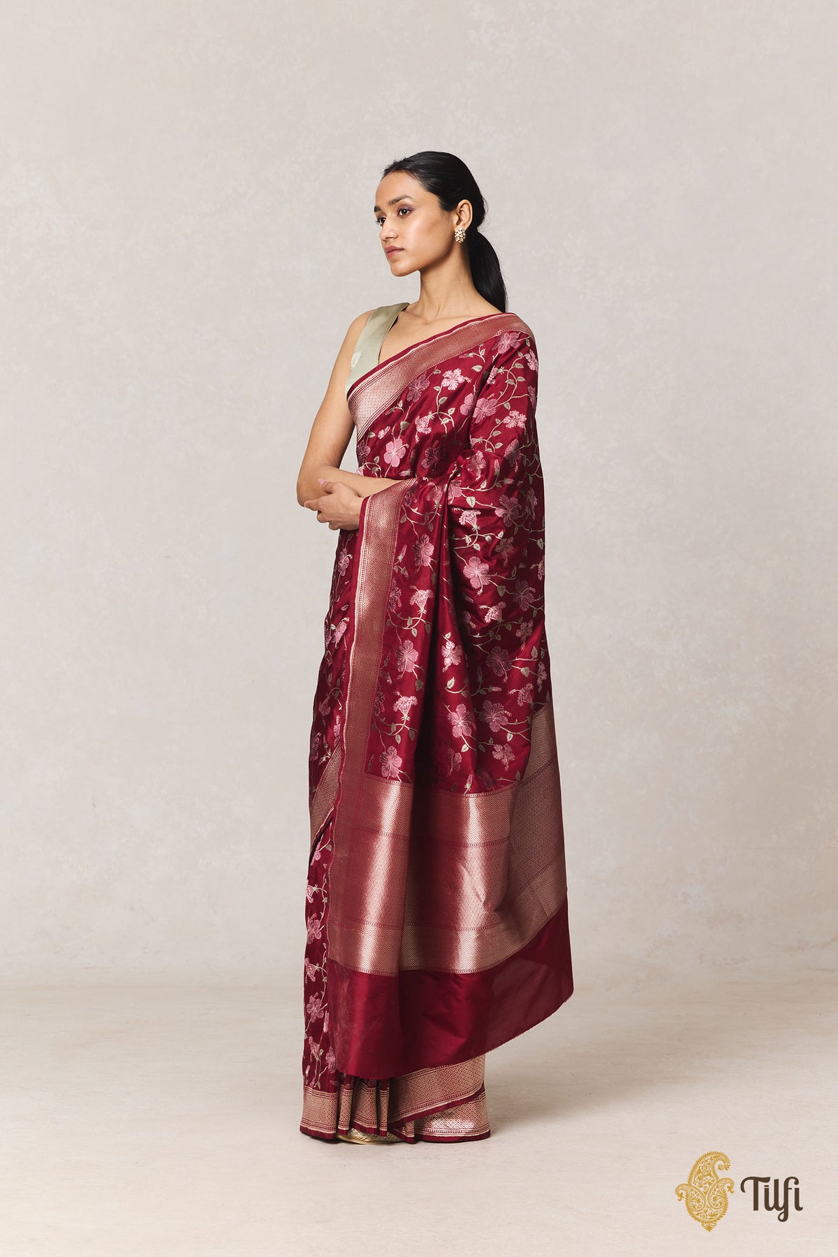 'Hibiscus' Maroon Pure Katan Silk Banarasi Handloom Saree