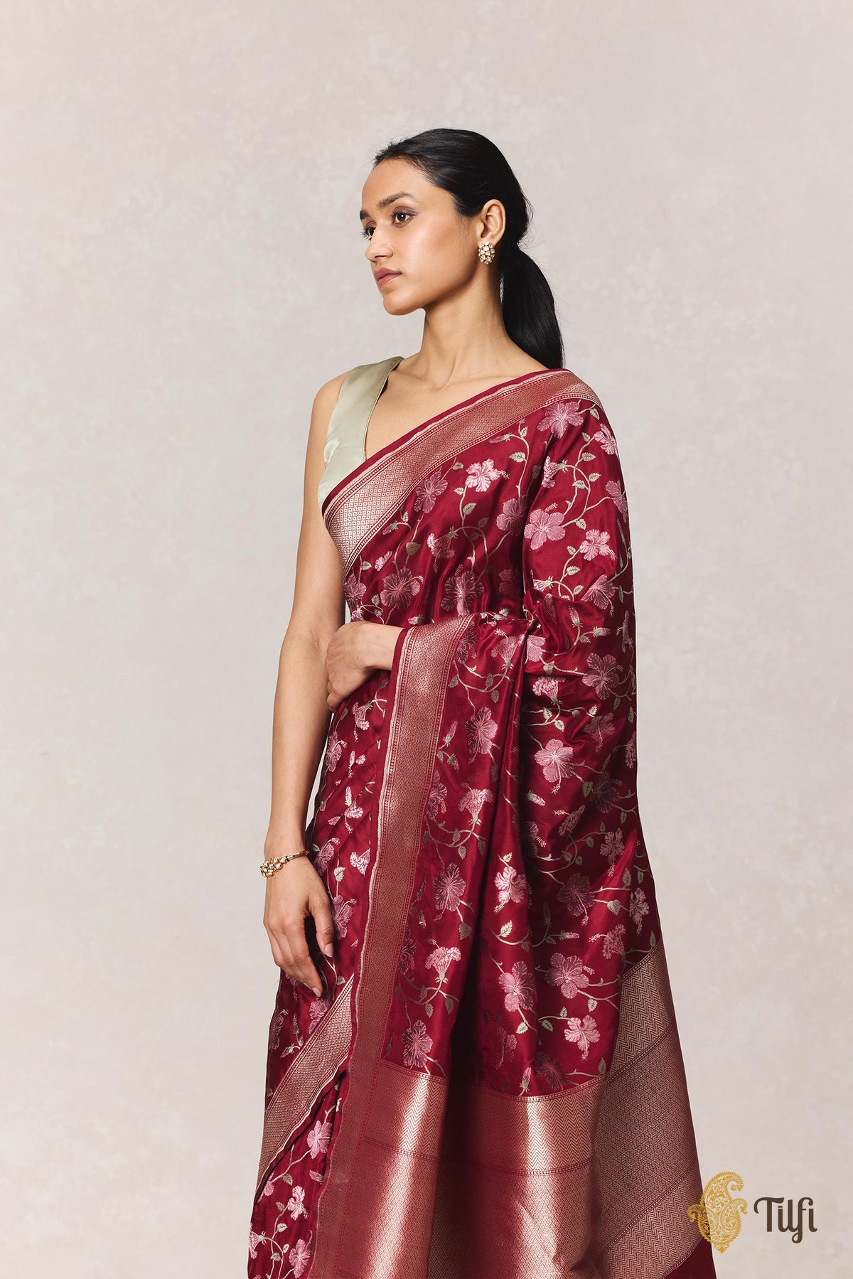 'Hibiscus' Maroon Pure Katan Silk Banarasi Handloom Saree