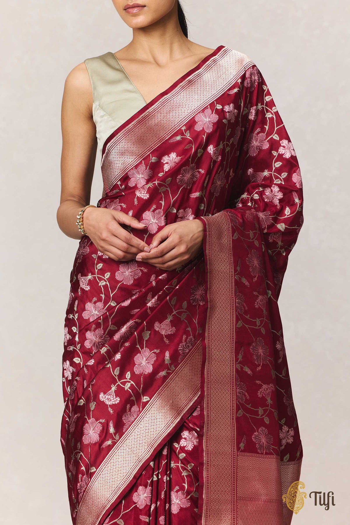 'Hibiscus' Maroon Pure Katan Silk Banarasi Handloom Saree