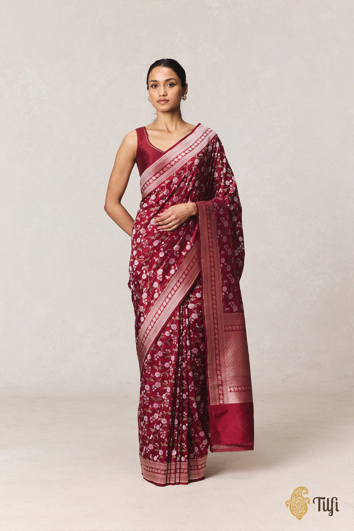 Pre-Order: 'Jasmine' Maroon Pure Katan Silk Banarasi Handloom Saree
