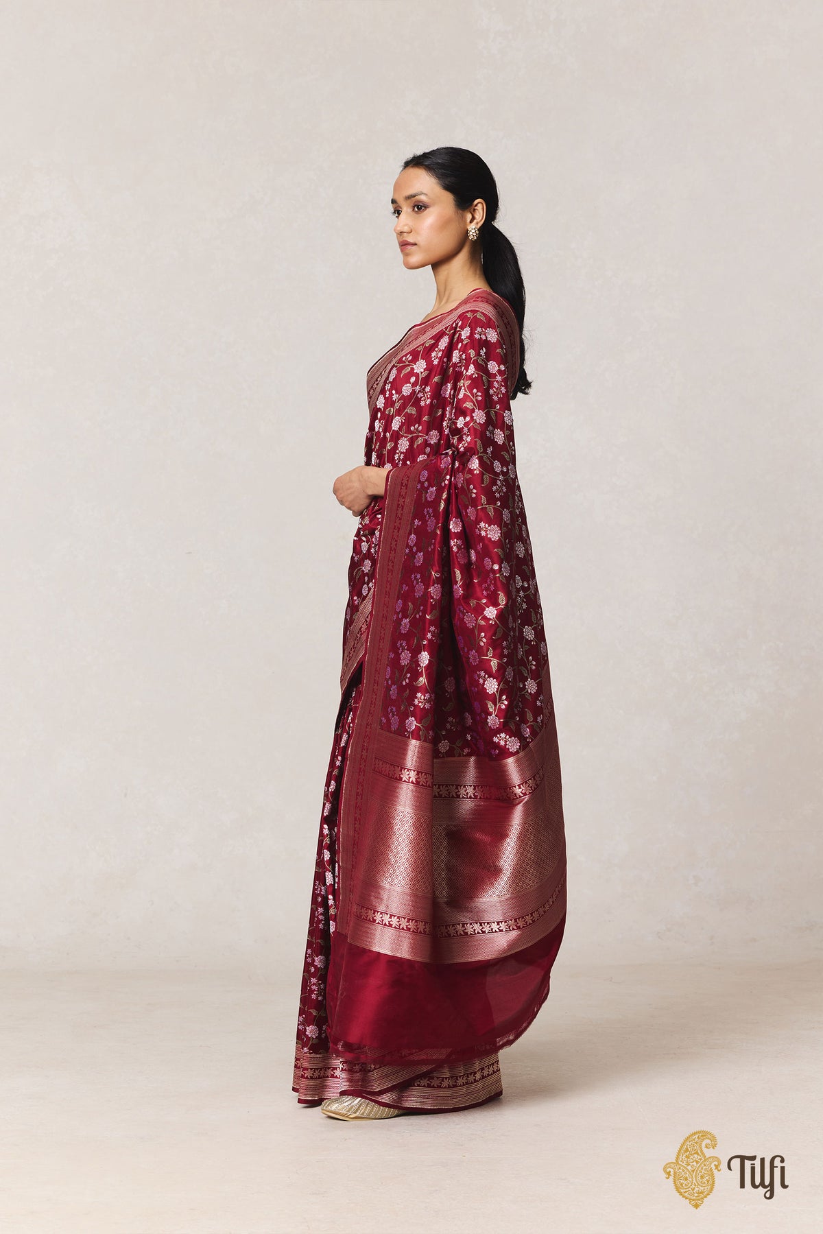 Pre-Order: 'Jasmine' Maroon Pure Katan Silk Banarasi Handloom Saree