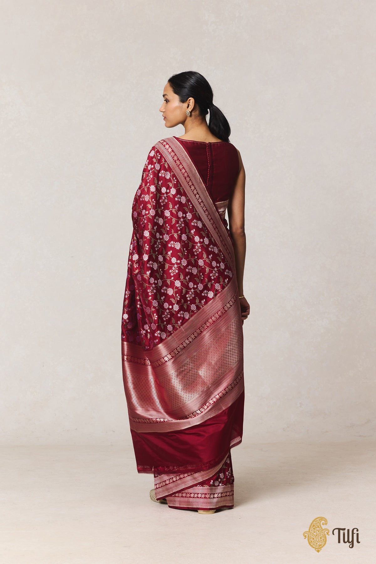 Pre-Order: 'Jasmine' Maroon Pure Katan Silk Banarasi Handloom Saree
