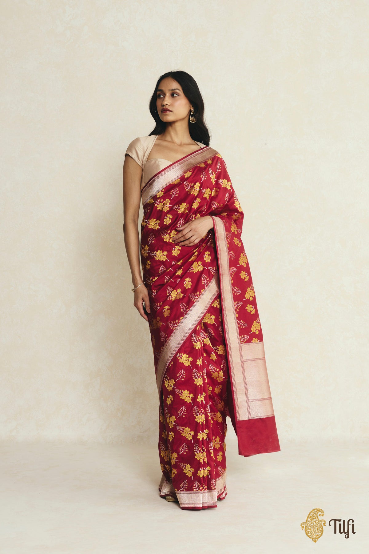 'Amaltas' Maroon Pure Katan Silk Banarasi Handloom Saree