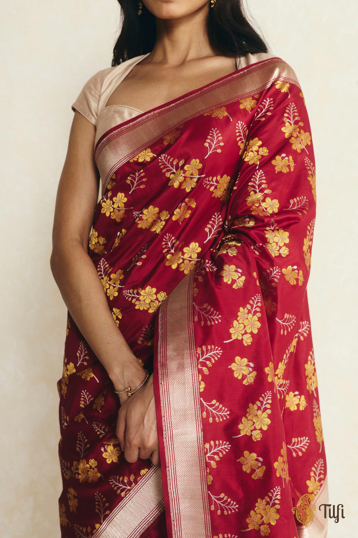 'Amaltas' Maroon Pure Katan Silk Banarasi Handloom Saree