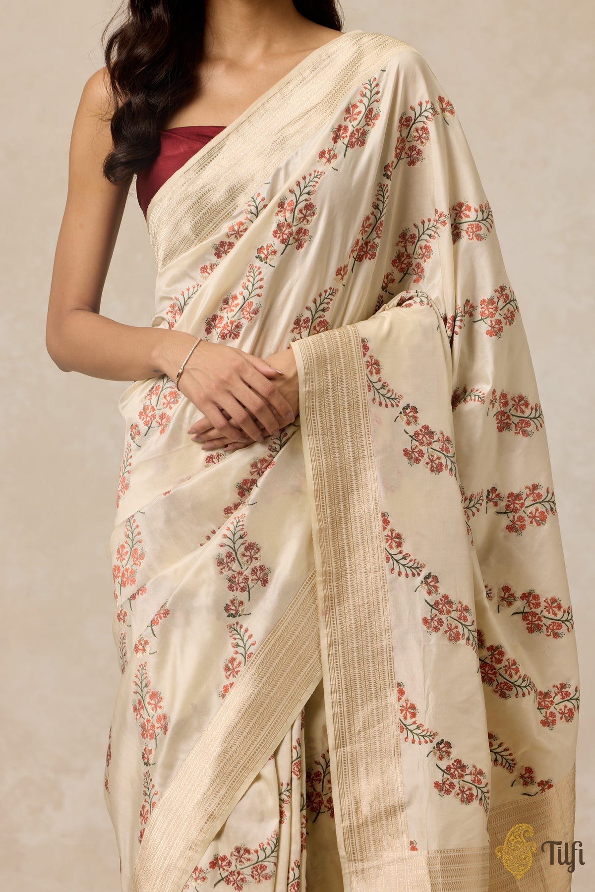 &#39;Gulmohar&#39; Off White Pure Katan Silk Banarasi Handloom Saree