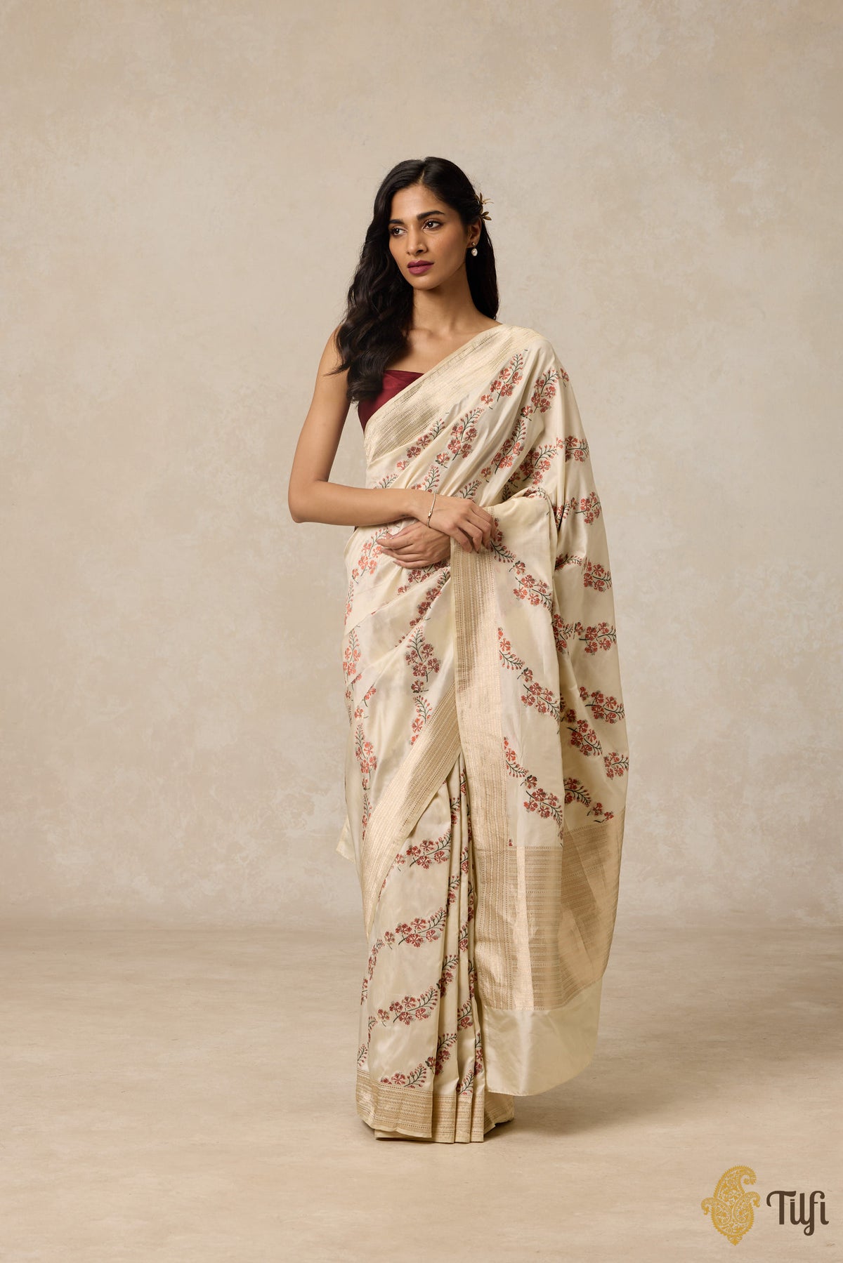 &#39;Gulmohar&#39; Off White Pure Katan Silk Banarasi Handloom Saree