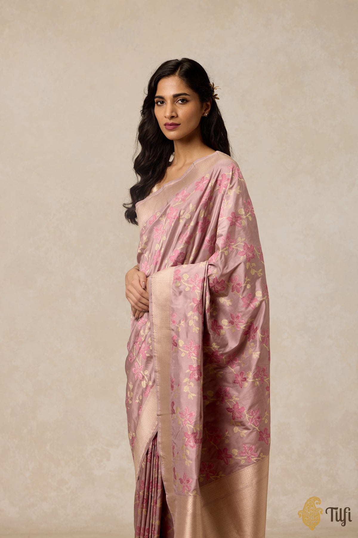 &#39;Kachnar&#39; Light Old Rose Pink Pure Katan Silk Banarasi Handloom Saree