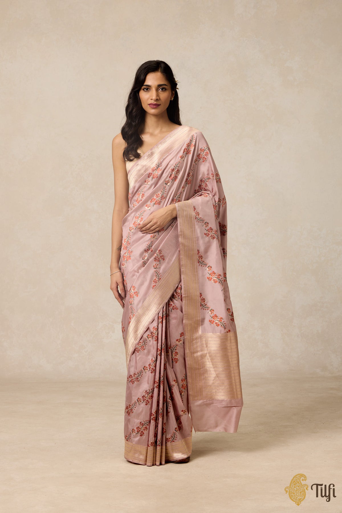 &#39;Gulmohar&#39; Dusty Rose Pink Pure Katan Silk Banarasi Handloom Saree