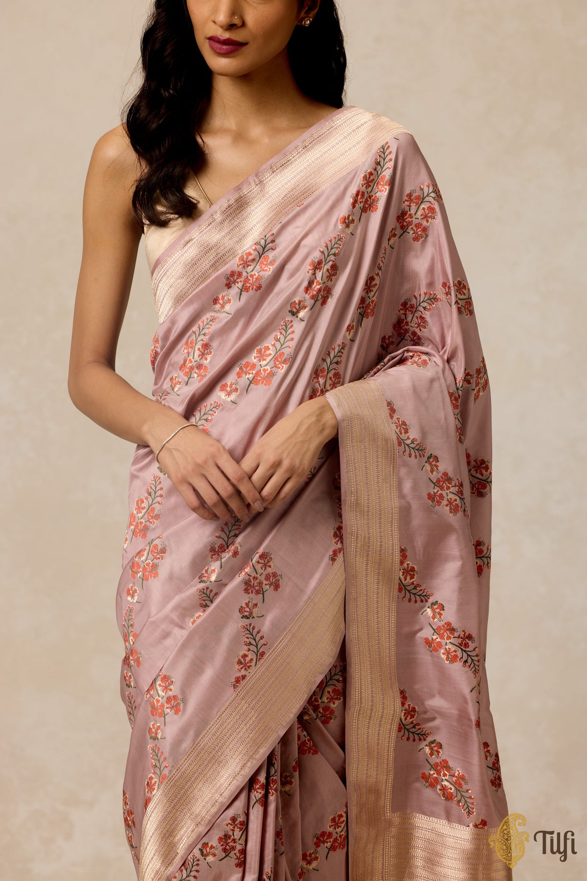 &#39;Gulmohar&#39; Dusty Rose Pink Pure Katan Silk Banarasi Handloom Saree