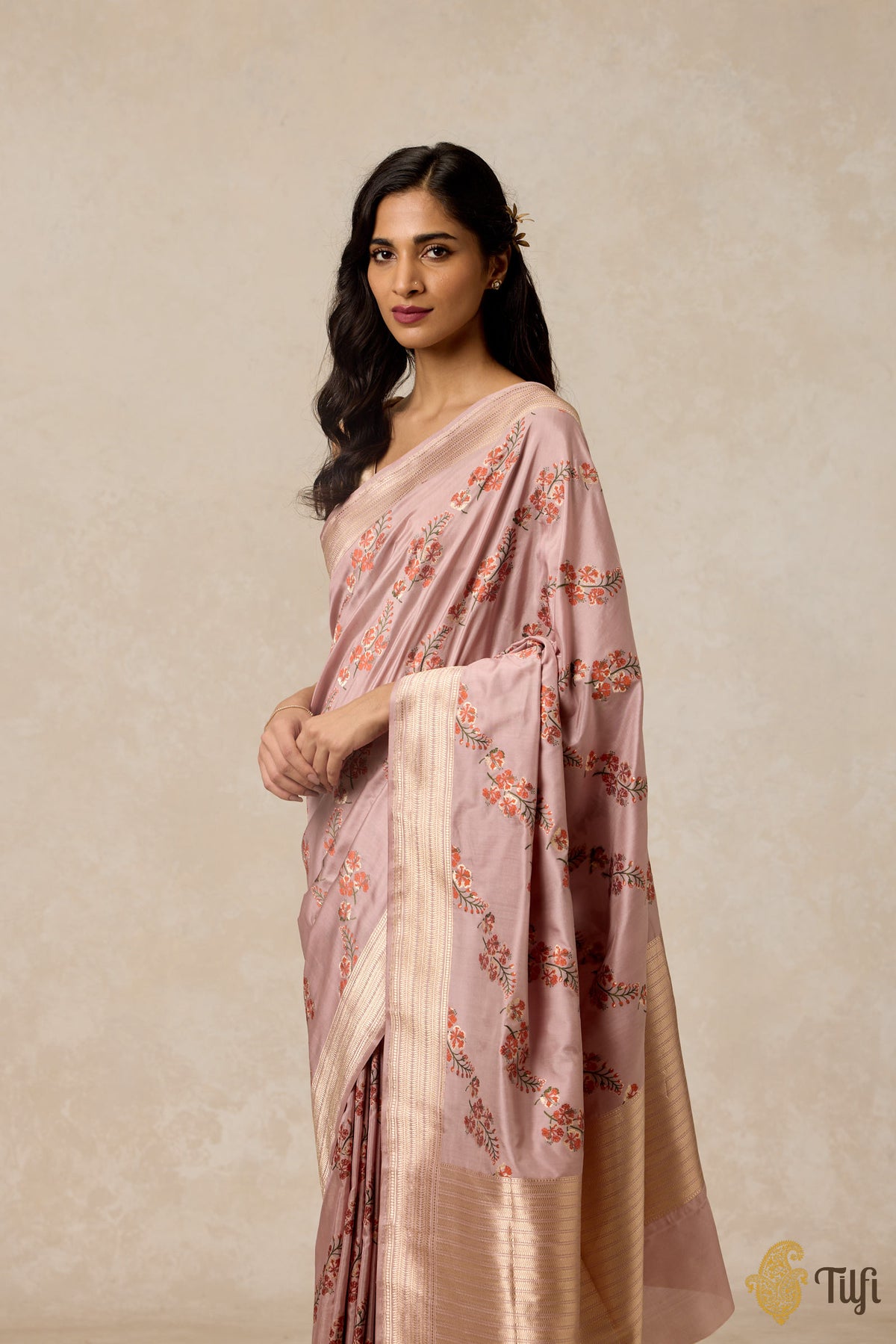 &#39;Gulmohar&#39; Dusty Rose Pink Pure Katan Silk Banarasi Handloom Saree