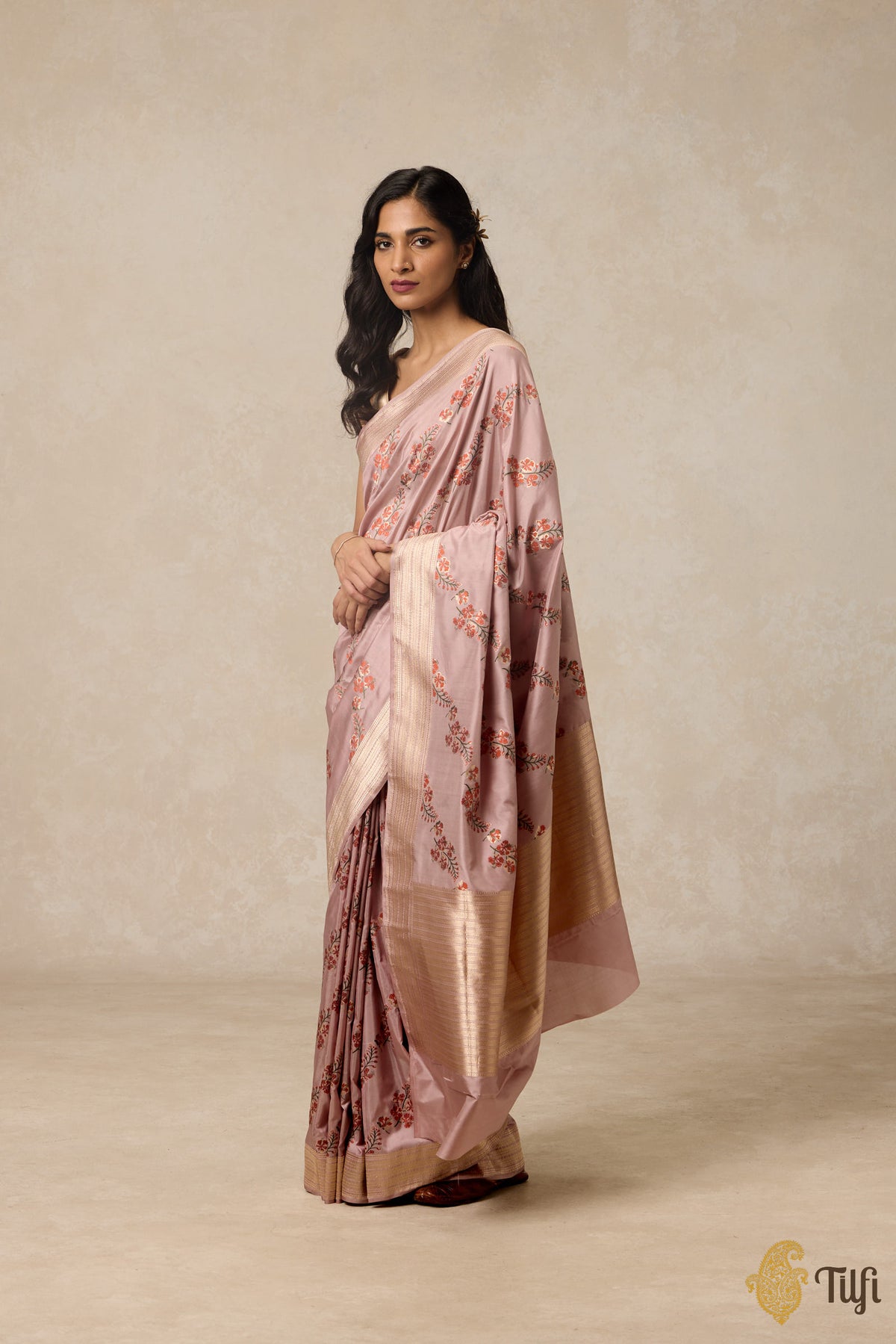 &#39;Gulmohar&#39; Dusty Rose Pink Pure Katan Silk Banarasi Handloom Saree