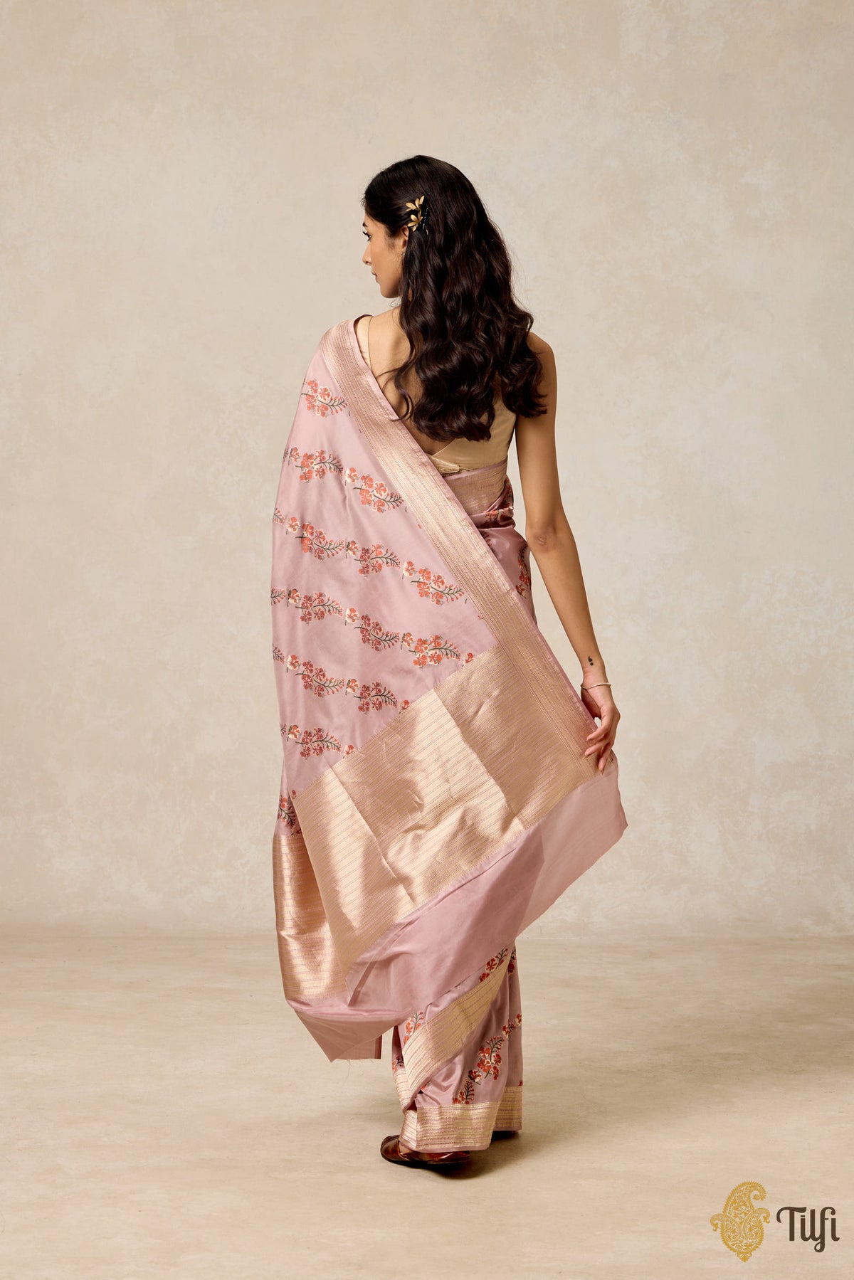 &#39;Gulmohar&#39; Dusty Rose Pink Pure Katan Silk Banarasi Handloom Saree