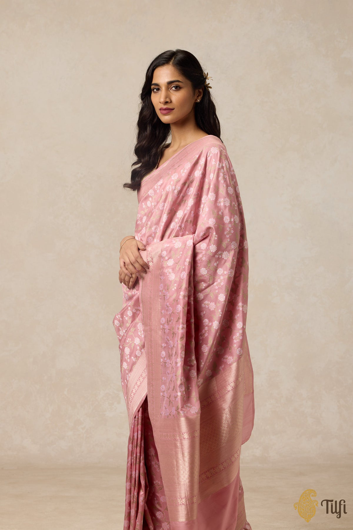 &#39;Jasmine&#39; Light Blush Pink Pure Katan Silk Banarasi Handloom Saree