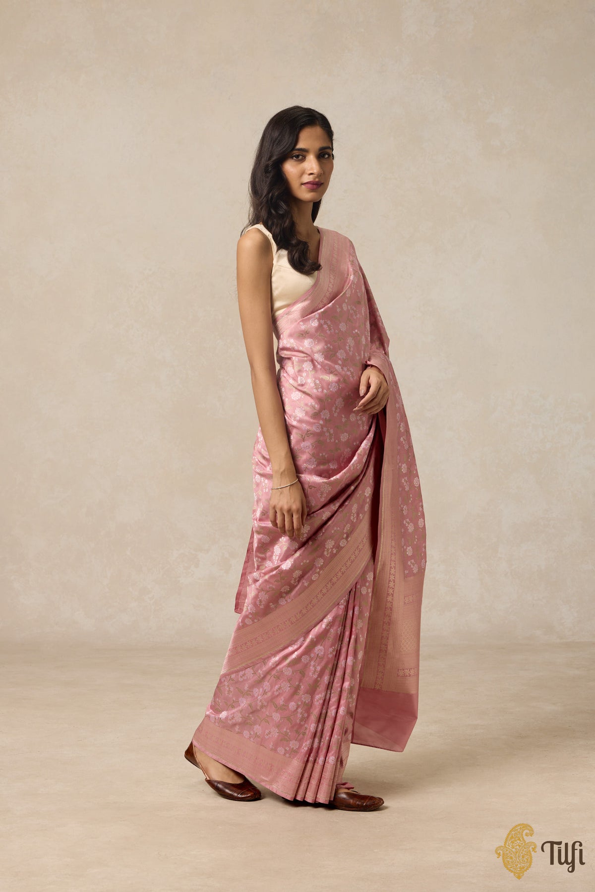 &#39;Jasmine&#39; Light Blush Pink Pure Katan Silk Banarasi Handloom Saree