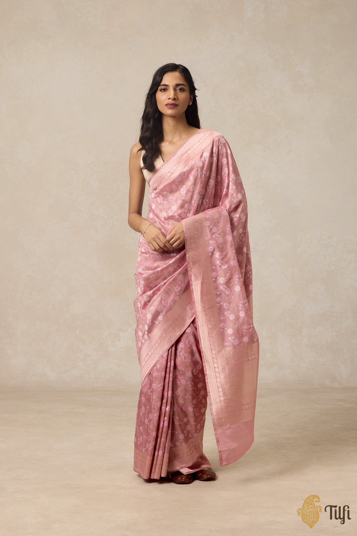 &#39;Jasmine&#39; Light Blush Pink Pure Katan Silk Banarasi Handloom Saree