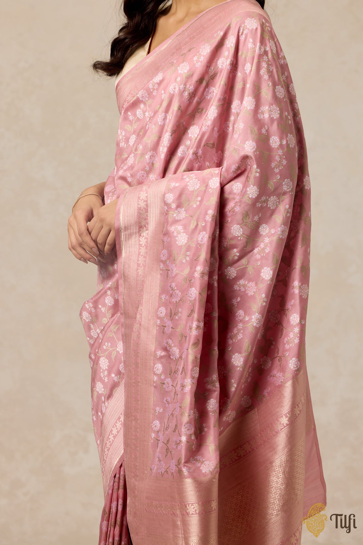 &#39;Jasmine&#39; Light Blush Pink Pure Katan Silk Banarasi Handloom Saree